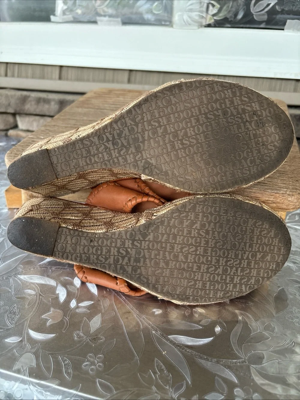 Jack Rogers Cognac Leather Wedge Thong Sandals Women’s 10